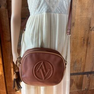 Adrienne Vittadini brown gold tan chain, Crossbody bag, purse quilted tassel